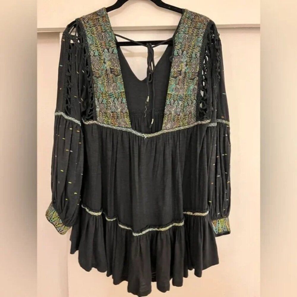 🌸Free People Much Love Balloon Sleeve Embroidered Crochet tunic Top dress XS - Picture 5 of 10